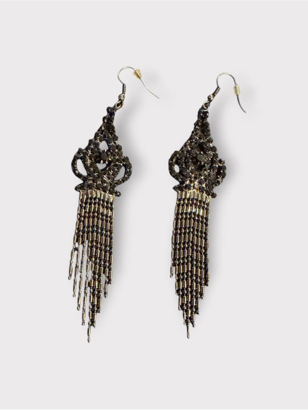 Black Crystal Metal Fringe Earrings